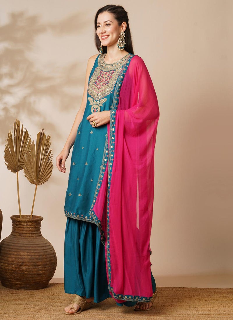 Globus Women Ethnic Motifs Yoke Design Sequinned Straight Kurta With Sharara & Dupatta Festive Set - Image 3